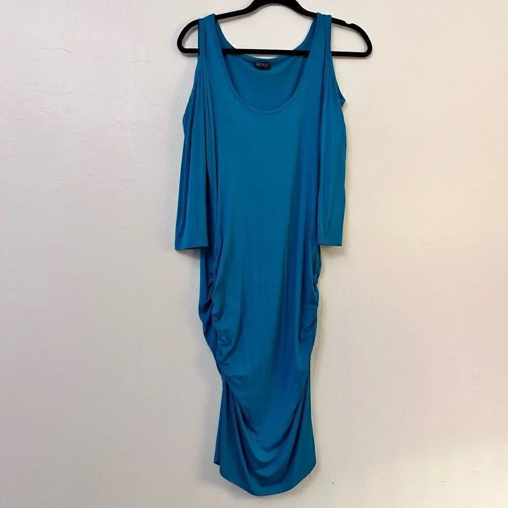 Venus Cinched Cold Shoulder Midi Dress Scoop Neck Quarter Sleeve Teal Large